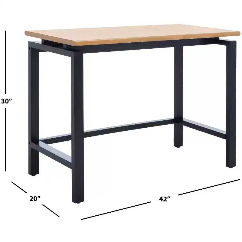 Industrial Writing Desk with Recessed Detail, Natural Wood Top & Black Base