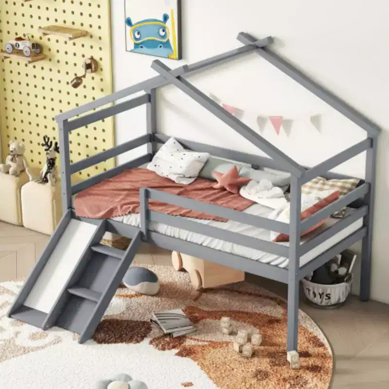 Youth Loft Bed with Slide, Access Ladder, and Guard Rails, Complete with Playhouse-Style Roof
