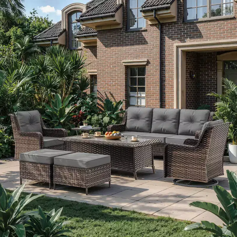 ALAULM 7PCS Rattan Patio Furniture Set, Wicker Outdoor Sofa Set w/2 Swivel Rocking Chairs, 2 coffee tables of different sizes, 2 Ottomans