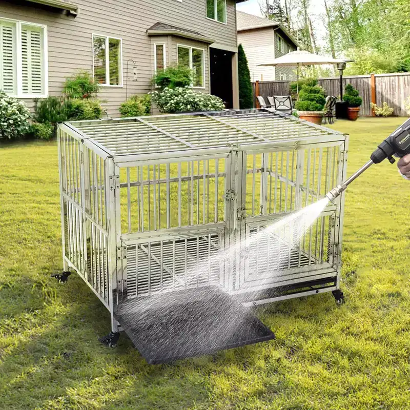 48-in Heavy Duty Dog Crate Cage Kennel with Wheels, Full Stainless Steel High Anxiety Indestructible Dog Crate, Sturdy Locks Design, Silver