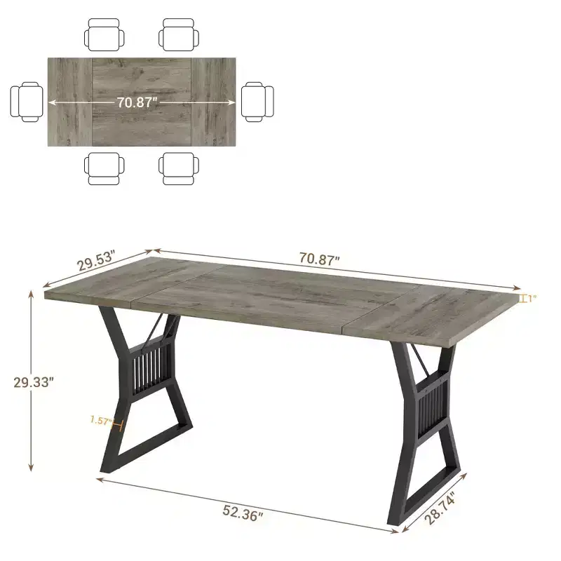70.8 Farmhouse Dining Table for 68, Rectangular Wood Kitchen Table with Waterproof Top & Metal Legs for Dining Room