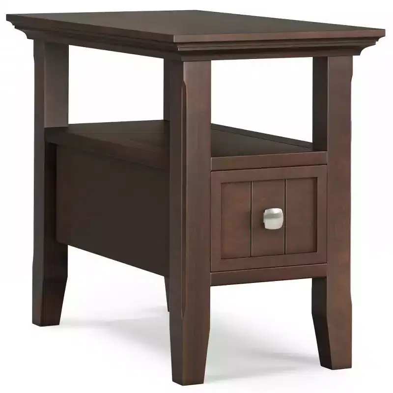 Narrow Side Table with Drawer, Brunette Brown, Storage Shelf, Lacquered Pine Frame