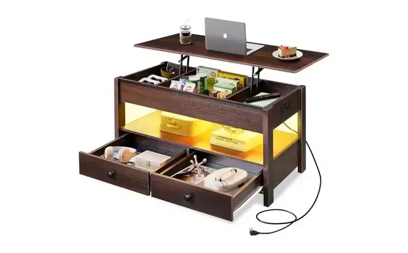 DEXYLLO Coffee Table, Lift Top Coffee Table with 2 Drawers, LED Light, Large Storage and Open Shelf