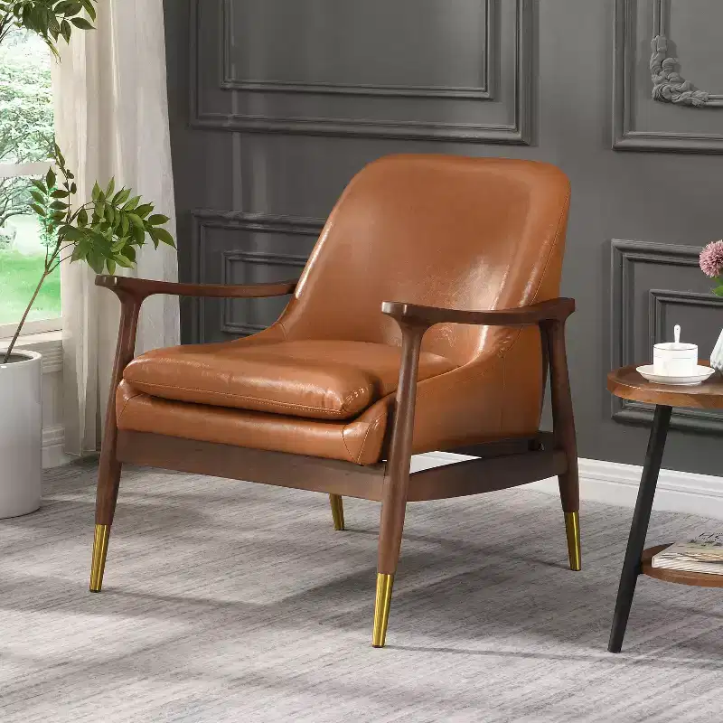 29.2-Inch Mid-Century Faux Leather Accent Chair with Cushioned Seat, Solid Wood Frame, for Lounge