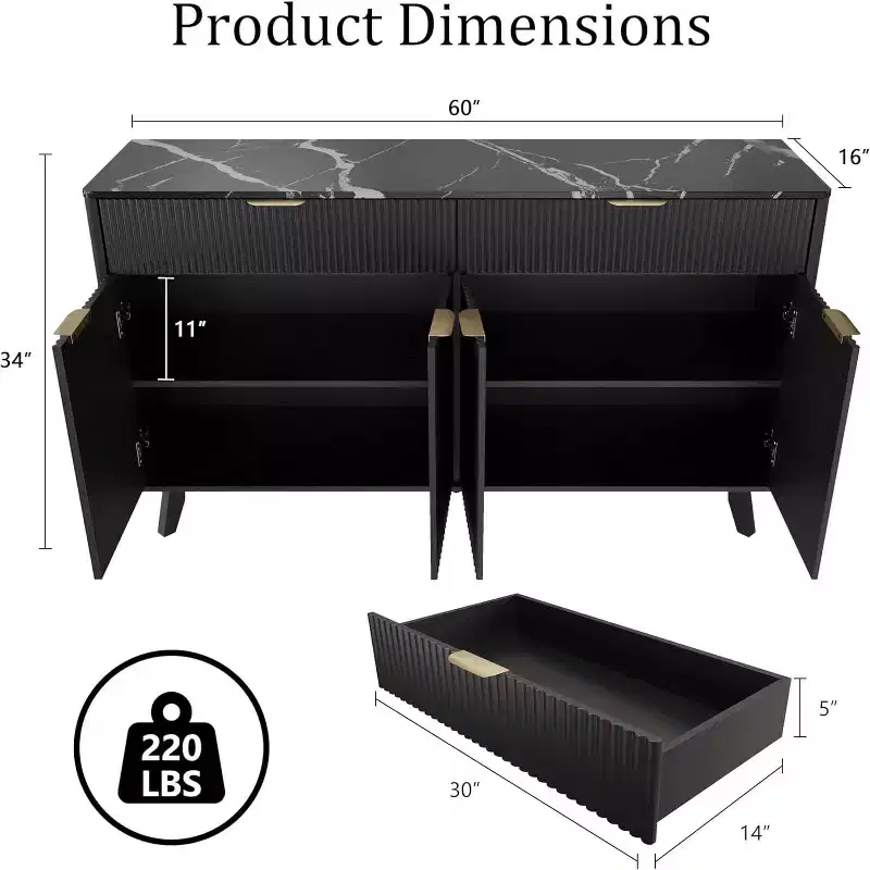 60 Buffet Storage Cabinet with 2 Drawers, 4 Doors & Adjustable Shelves for Dining Room, Living Room