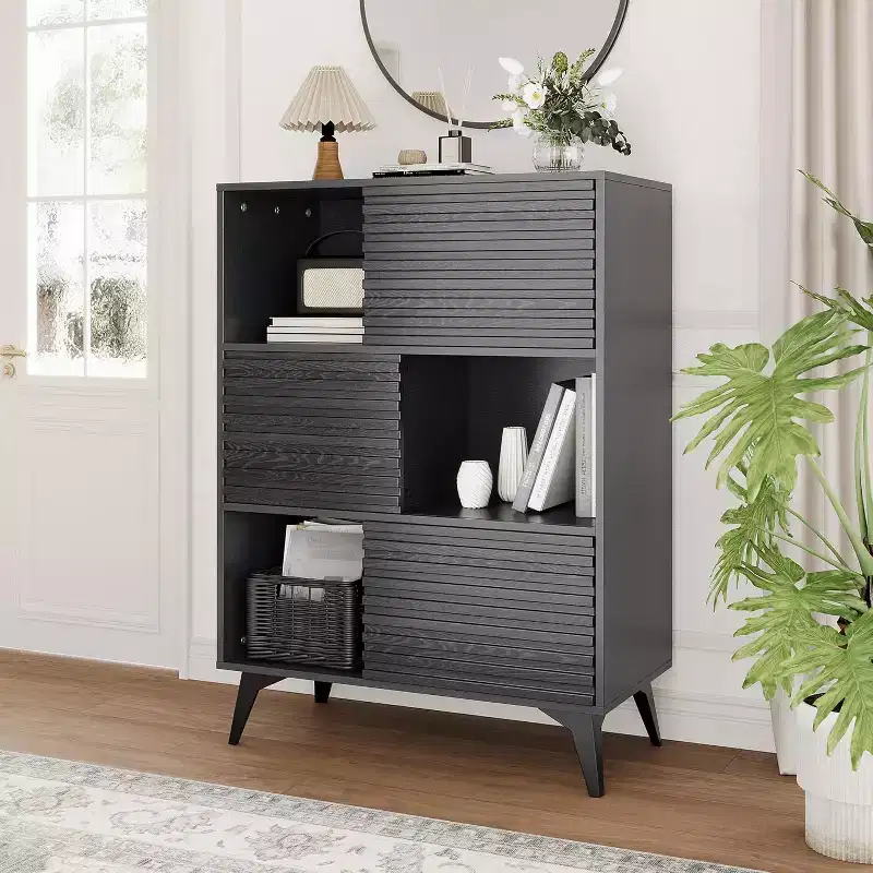 Storage Cabinet w/Sliding Doors - 3-Tier Adjustable Shelf Organizer for Living Room & Kitchen