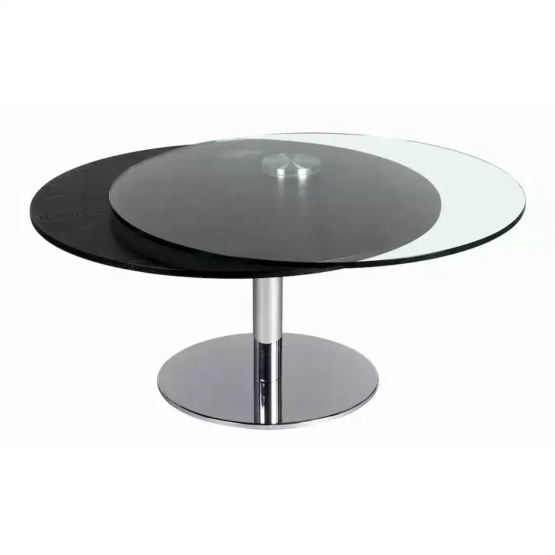 Contemporary Dual Round Top Motion Cocktail Table, Glass & Ash Wood