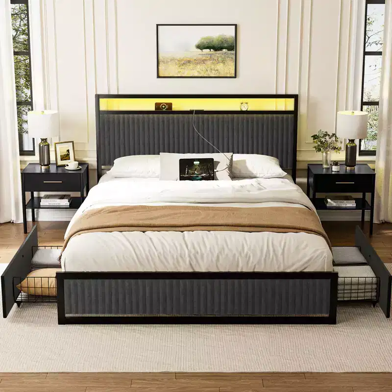 Upholstered Bed Frame with 2 Storage Drawers, LED Headboard and USB Ports, Dark Gray