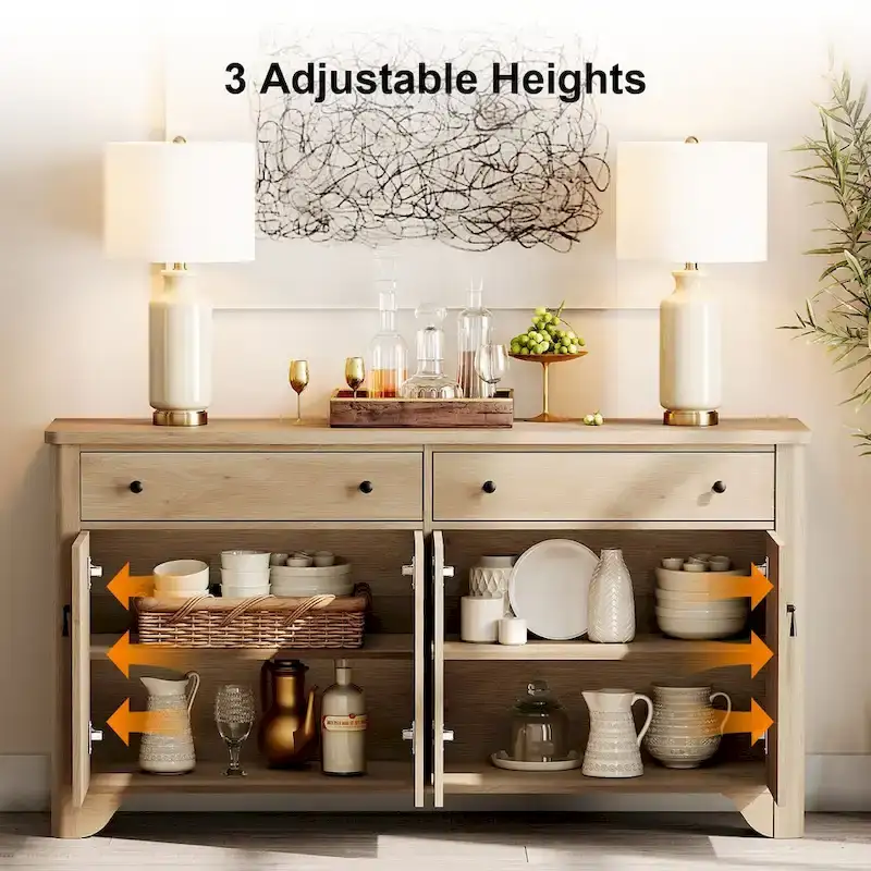 WAMPAT Farmhouse 3PCS Bedroom Set, 59 W Large Sideboard Buffet Cabinet,and Wood Nightstands Set of 2 with Charging Station
