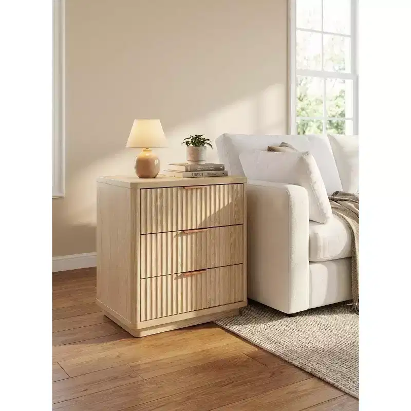 2Pcs 3-Drawer Nightstand With Charging Station, Bedside Table For Bedroom Sofa Living Room, Natural