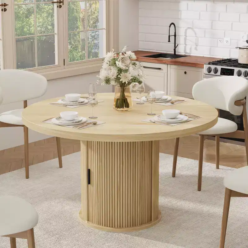 Farmhouse 47 Round Dining Table for 4-6  2-Layer Storage Shelf & Drawer  Space-Saving Circle Table  Ideal for Dining Room, Kitchen, Living Room