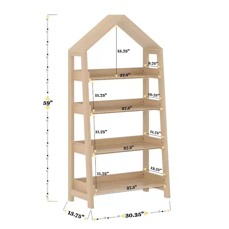 Wood Open Bookshelf with Covered Triangular Top, 4 Shelves and Squared Legs