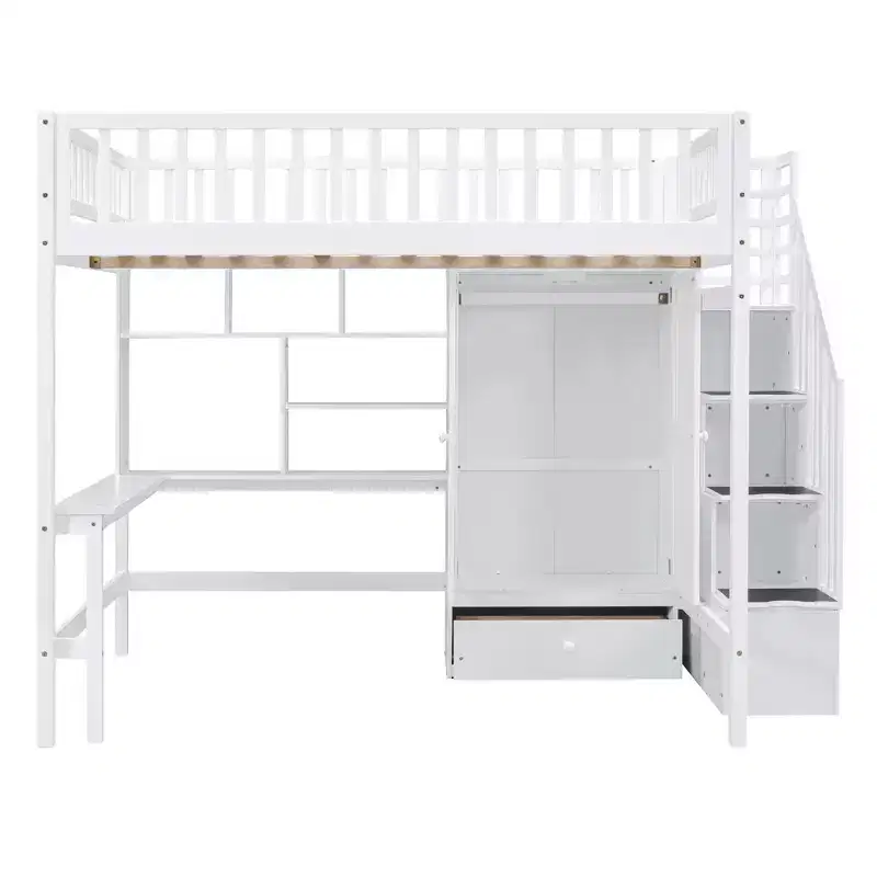 Wood Full Size Loft Bed with Bookshelf, Desk, Drawers & Wardrobe 94.4''L x 57''W