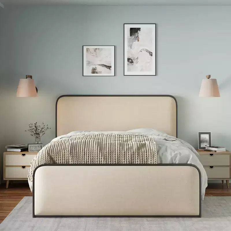 Whisen King Modern Metal Bed Frame with Upholstered Headboard and Storage