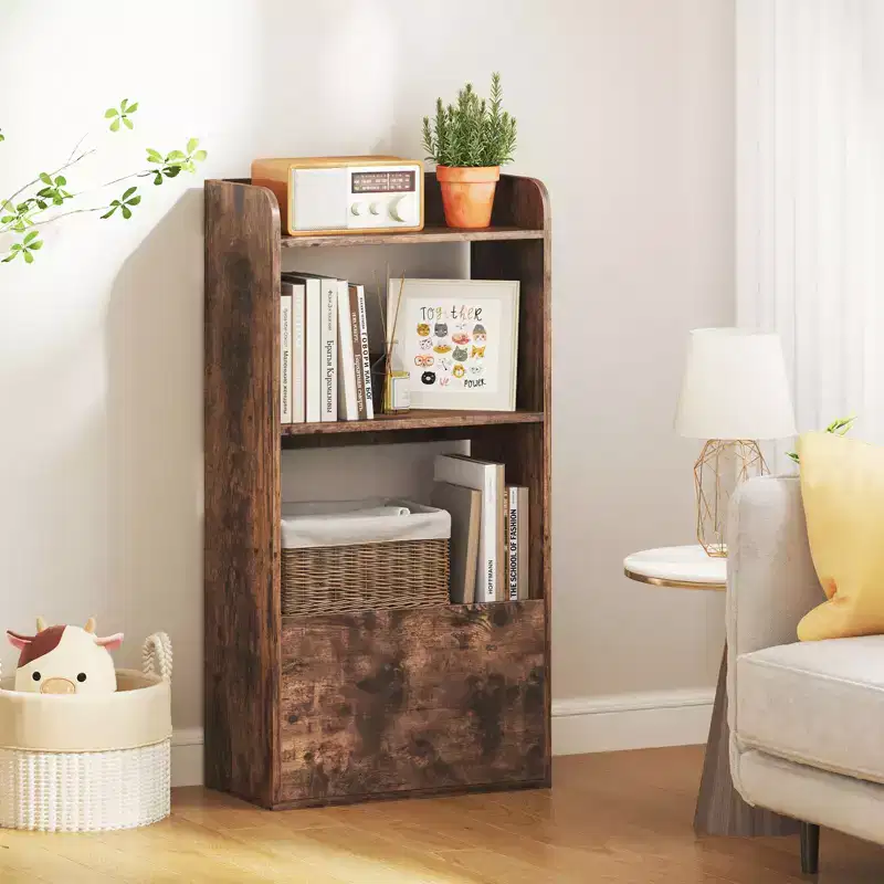 Bookcase w/ Drawer 3-Tier Open Shelf Anti-Toppling Kits for Living Room