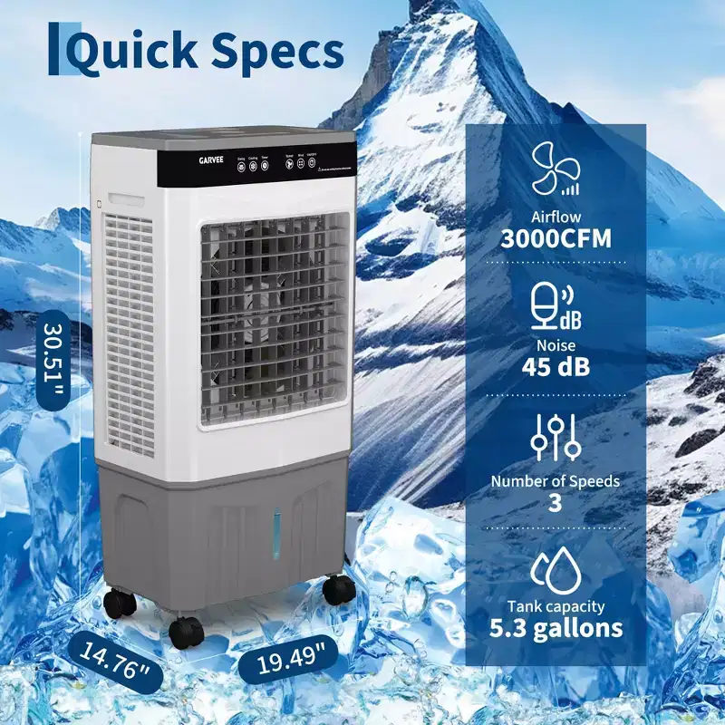 Air Cooler Evaporative Cooler with 5.3Gal Water Tank, 4 Ice Packs, 3-Speed, 120 Oscillation, Remote Control and Timer, 80W Portable Floor Standing