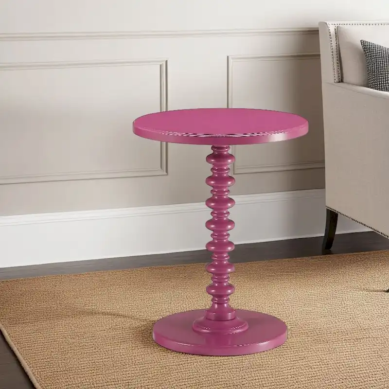Toni Round Accent Table with Turned Pedestal Base, 22 Inch Purple Wood
