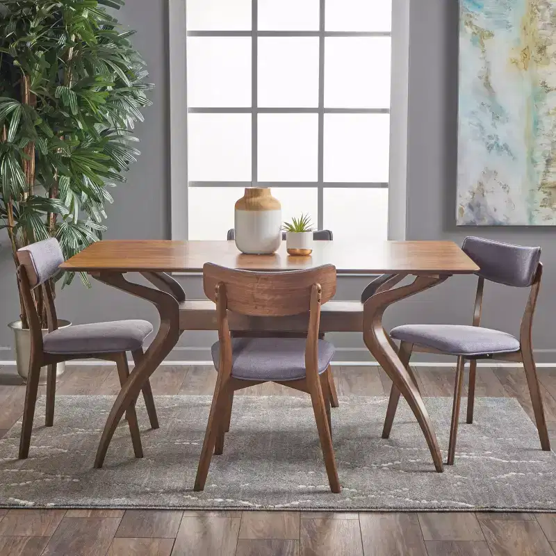 Mid-Century Modern Wood Fabric Upholstered 5 Piece Dining Set