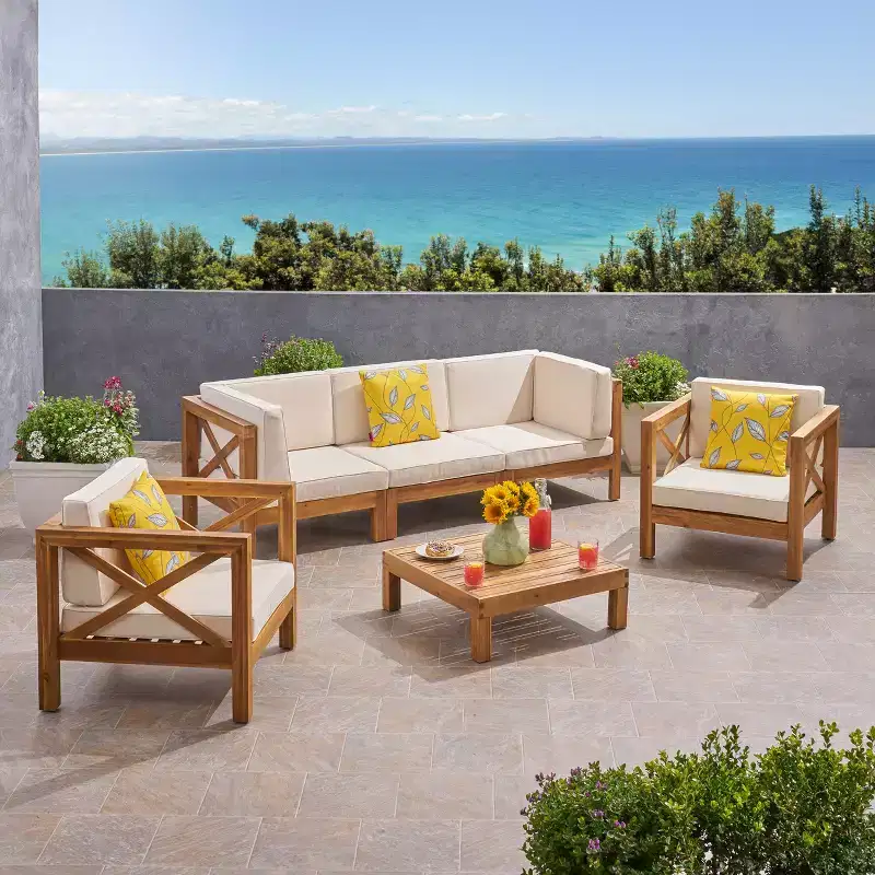 Christopher Knight Home Sandy 6 piece Outdoor Acacia Wood Sectional Seating Set with Water-Resistant Cushions