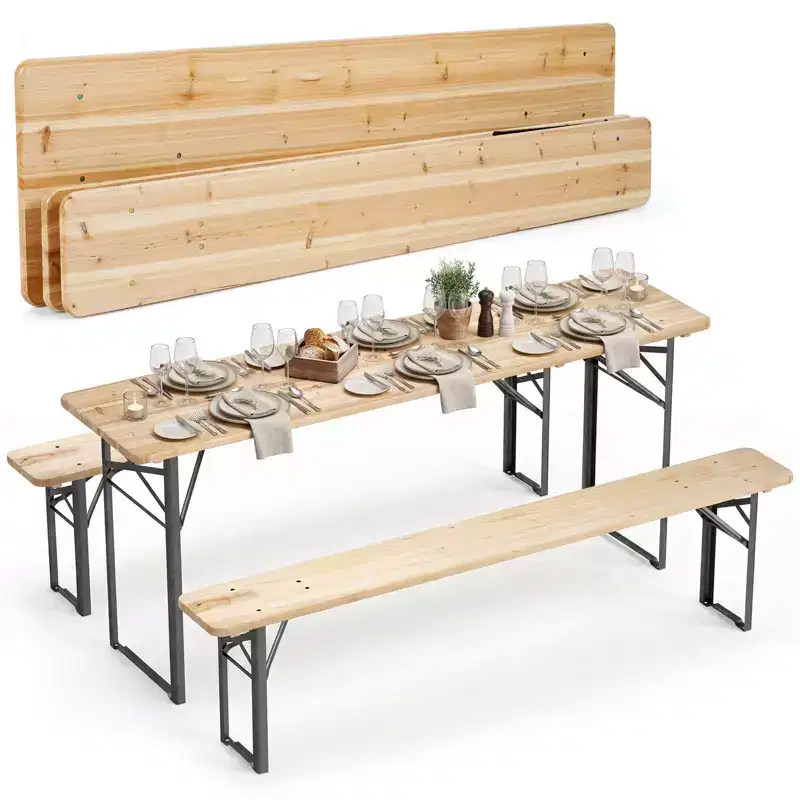 Costway 3-Piece Folding Picnic Table with Benches for 6,Fir Wood&Metal Frame for Patio