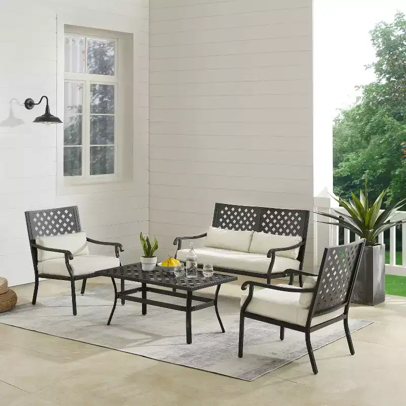 4pc Alistair Outdoor Steel Conversation Set Creme/Matte Black - Crosley: Weather-Resistant Patio Seating with Coffee Table