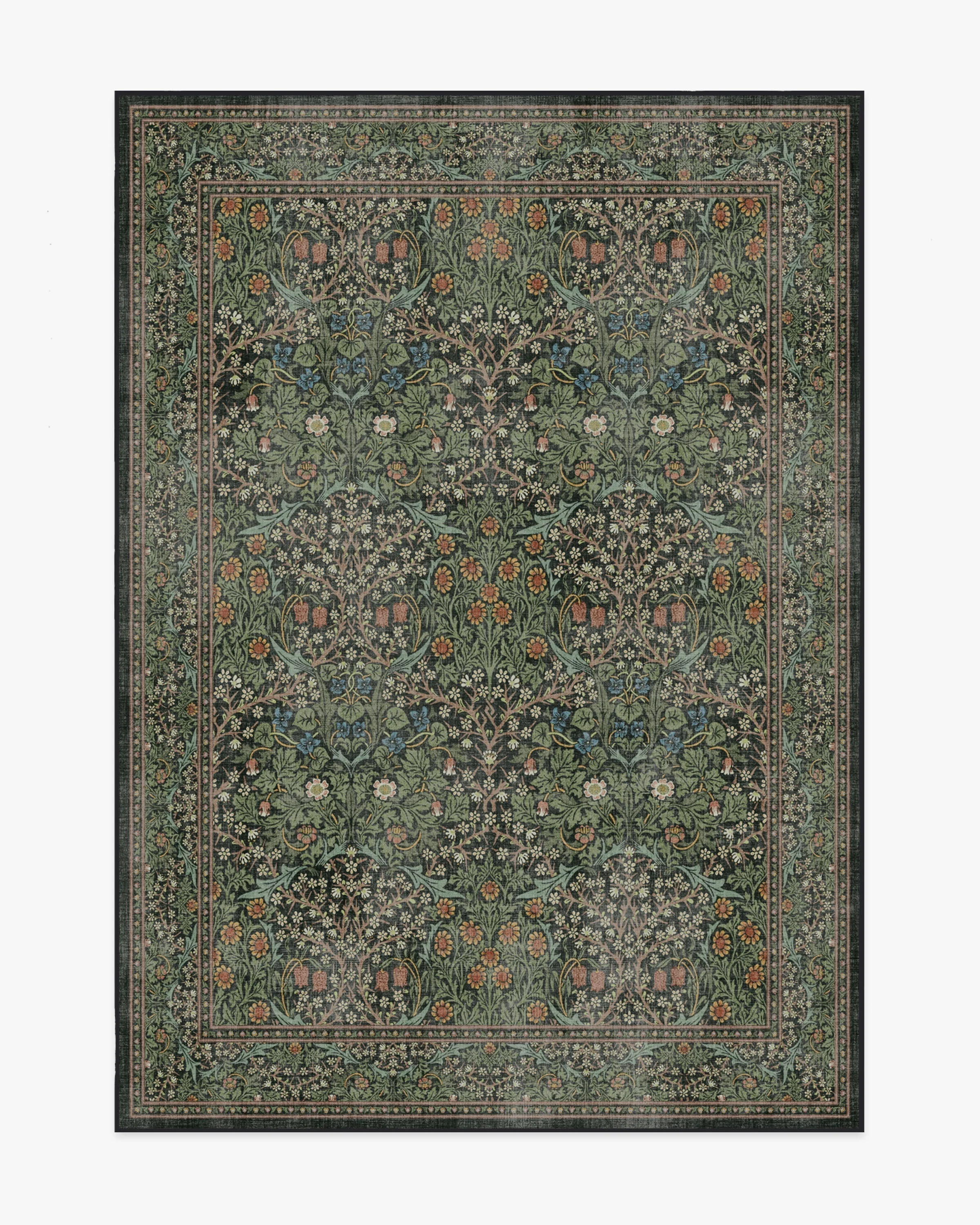 British Arts & Crafts Flatwoven Rug with Washable Forest Green Botanical Vine Pattern for Living Room & Study