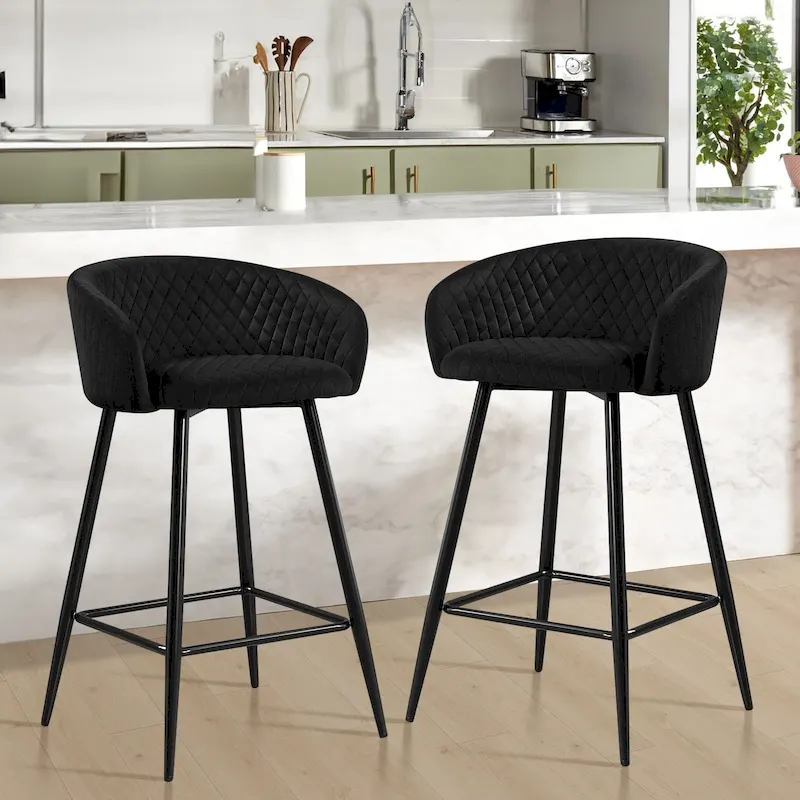 Velvet Upholstered Counter Height Bar Stools with Arms & Metal Legs - 33.9 H x 20.1 W x 20.7 D
