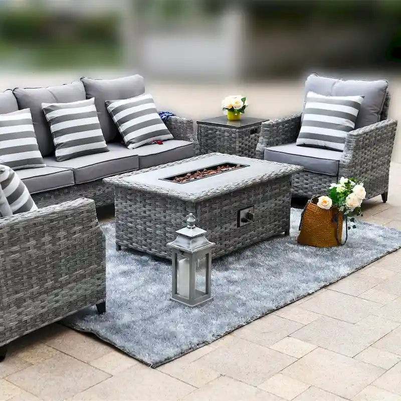 Abrihome 5-piece Wicker Patio Garden Furniture Sofa Set with Gas Fire Pit