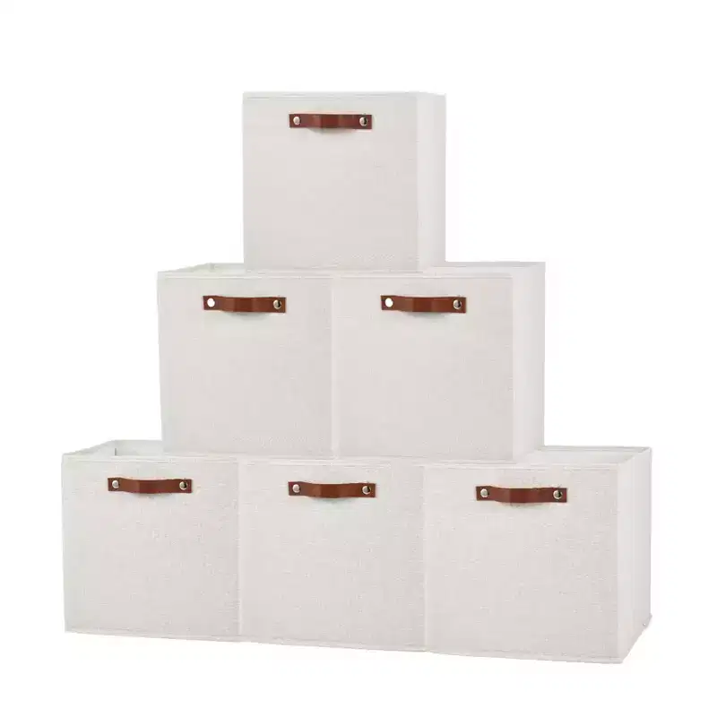 6-Pack 11 Inch Linen Storage Bins with Leather Handles, Foldable Open Front Cube Baskets for Closet Shelves