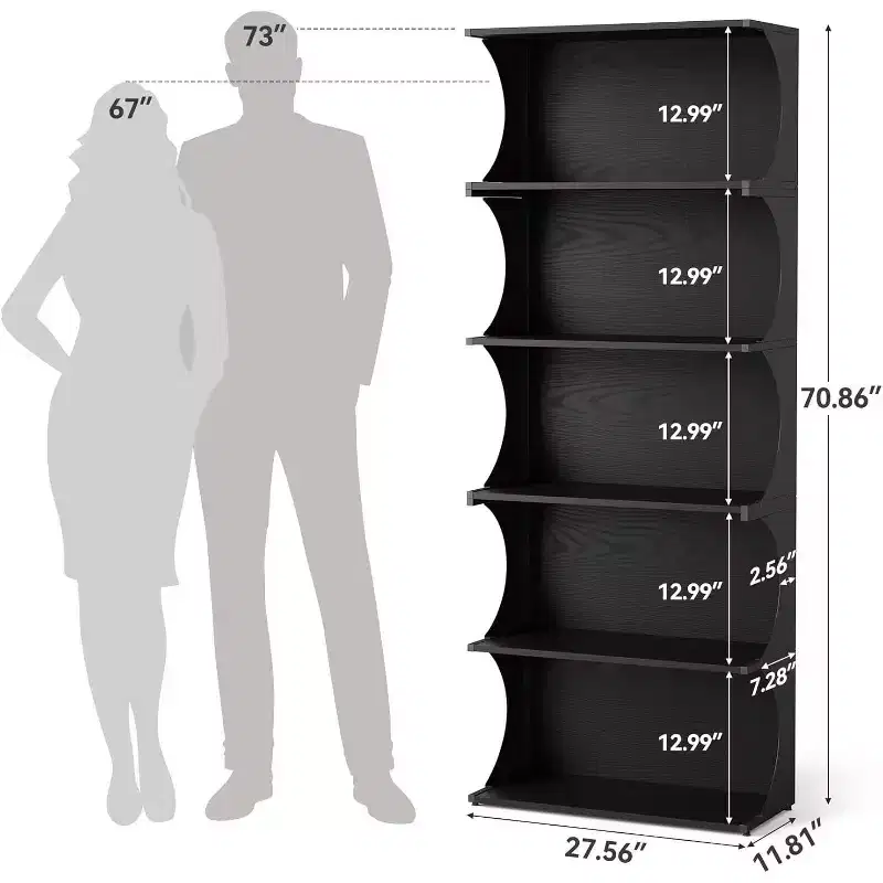 Lantine 5-Tier Bookcase, 70.8 Tall Open Bookshelf with Unique Curved-Edge Design, Modern Display Rack for Home Office, Living Room, Bedroom, Black