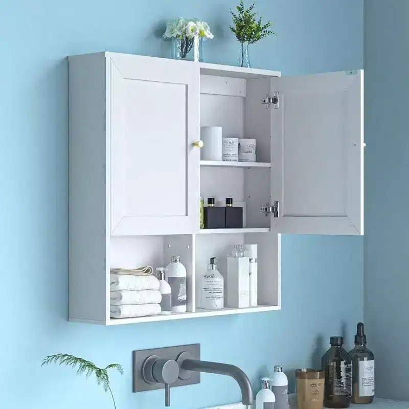 Bathroom Wall Cabinet with 2 Doors Adjustable Shelves 3 - Tier Wood Storage Over Toilet White Wall Mounted