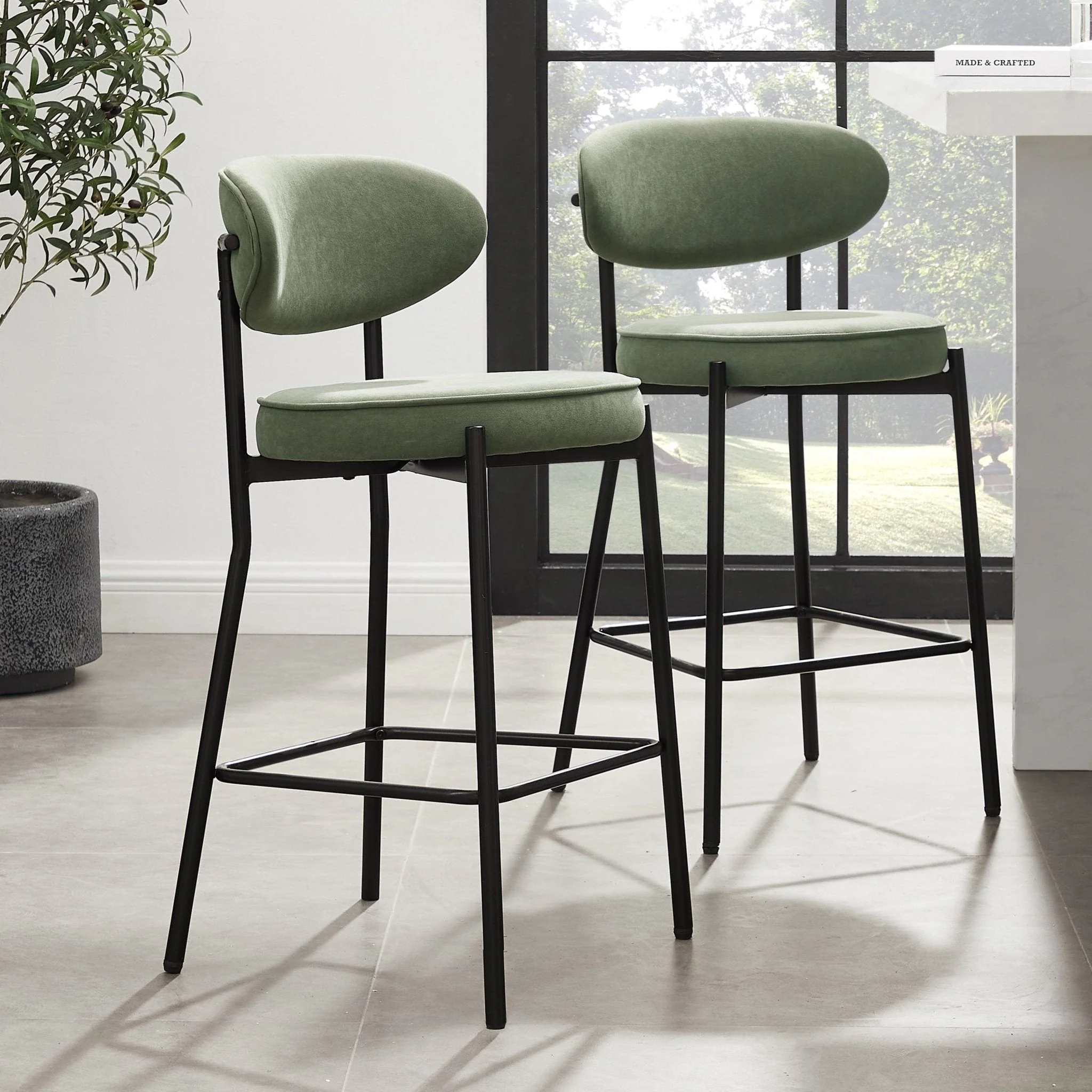 Contemporary Sage Green Matte Velvet Barstool with Rounded Back for Kitchen