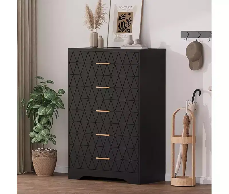 Tall Dresser for Bedroom with 5 Drawers, Wood Chest of Drawers with Gold Handles, Wooden Storage Cabinet and Organizer Drawers for Living Room