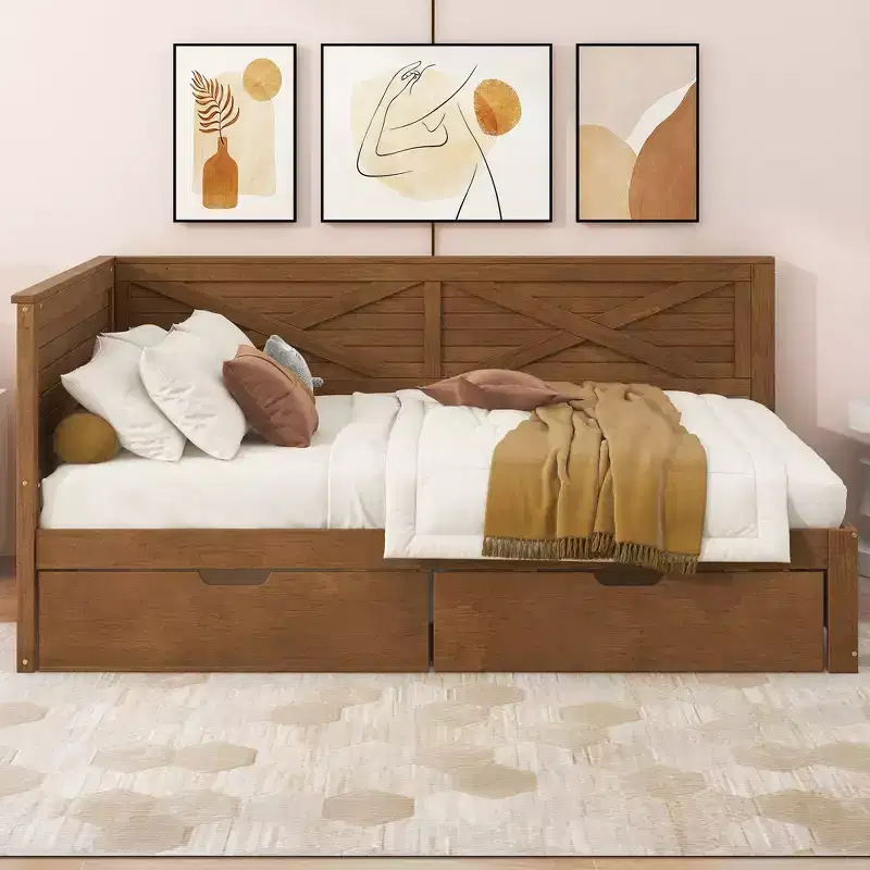Twin Size Daybed with Trundle/2 Drawers and Rustic Guardrail, Grey/Brown-ModernLuxe