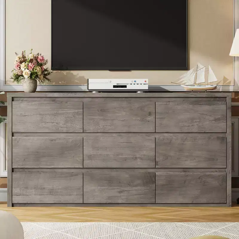 Gray / White 9-Drawer Wide Dresser, Minimalist Style, for 1 Person