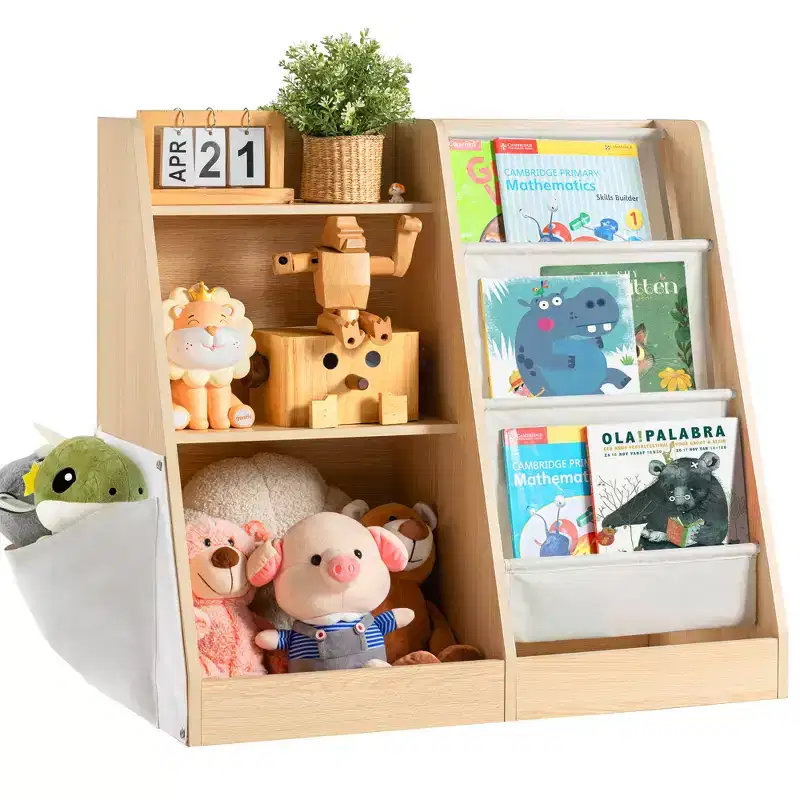 3 Tier Wooden Bookshelf and Toy Storage with Three Layer Sling Bookcase for Living Room Beige