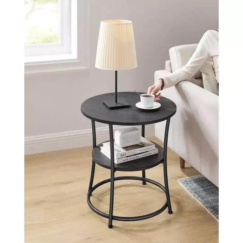 VASAGLE Round Side Table End Table with 2 Shelves Outdoor Accent Coffee Table Charcoal Gray and Ink Black
