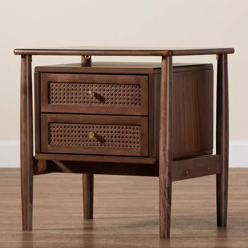 Baxton Studio Alyssa Wood 2 Drawer Nightstand Woven with Rattan Walnut Brown