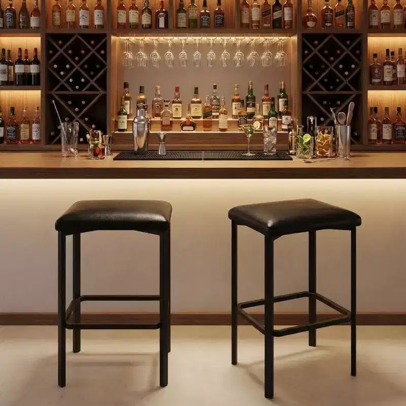 24 Inch Bar Stools Set of 2, PU Leather Seats with Thick Padding & Footrest, Modern Metal Frame with Adjustable Feet for Kitchen Island, Bar Counter