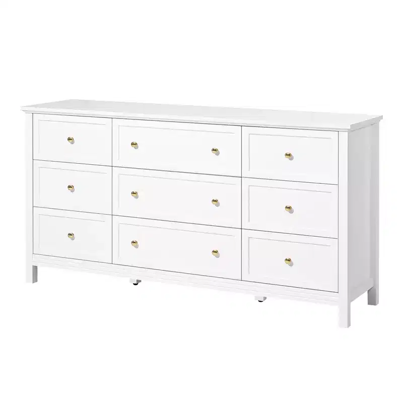VEVOR 9 Drawer Dresser, Wooden Chest of Drawers with Sliding and Anti-tip Device, Retro Minimalist Dresser Chest, White