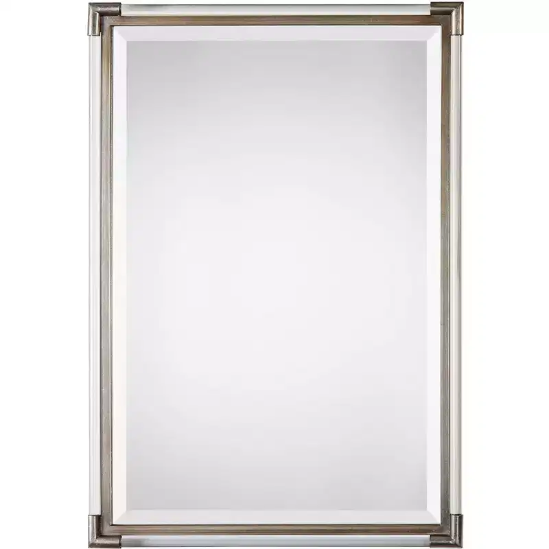 Rectangular Vanity Accent Wall Mirror Modern Beveled Silver Leaf Acrylic Rod Frame 23 Wide for Bathroom Bedroom Home
