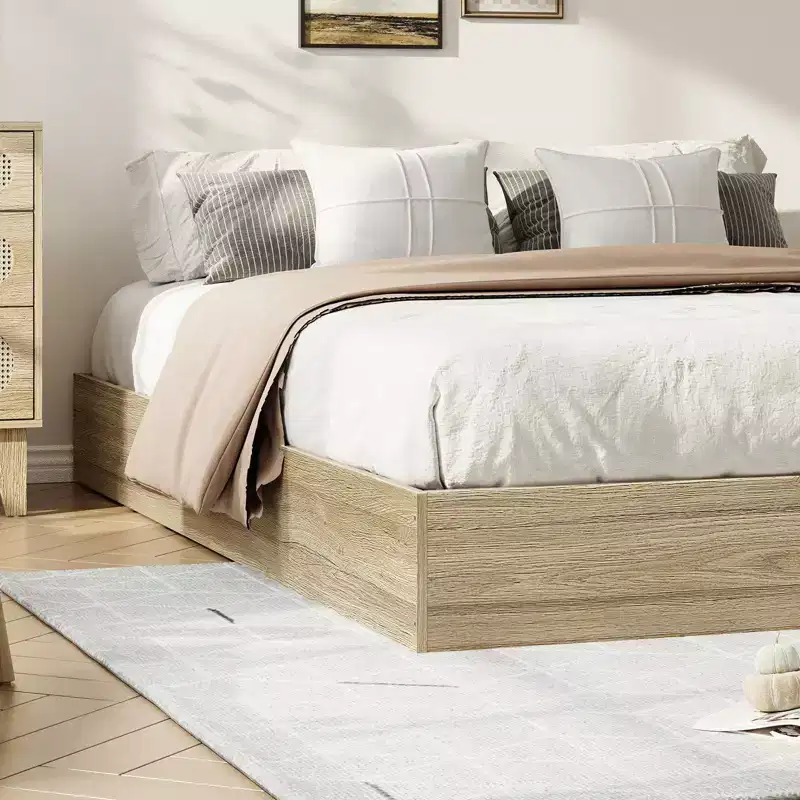 Wooden Bed Frame Without Headboard, Wood Slat Support,No Box Spring Needed, Easy Assembly