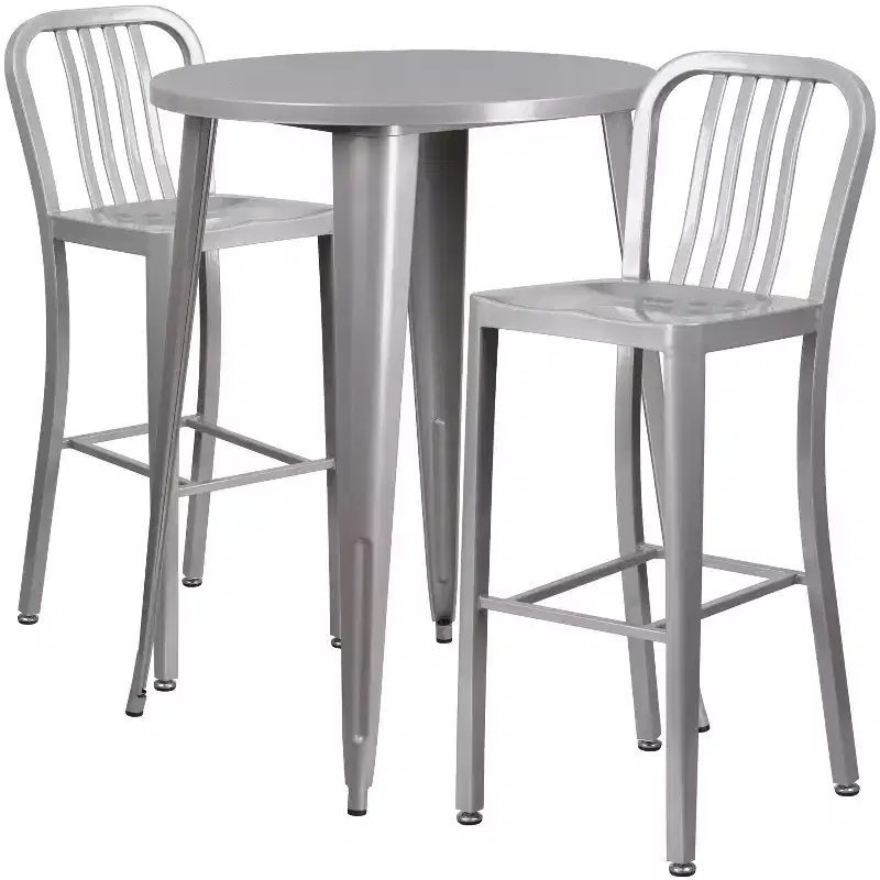 Flash Furniture Commercial Grade 30 Round Metal Indoor-Outdoor Bar Table Set with 2 Vertical Slat Back Stools