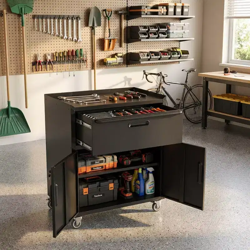 VIYET 35 Rolling Steel Tool Cabinet - Heavy-Duty Metal Storage with Top Fence, Locking Casters & Adjustable Shelf for Garage & Workshop, Black