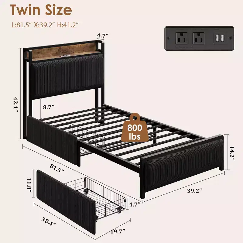 Upholstered Platform Bed Frame with Storage Headboard, No Box Spring Needed, Noise Free