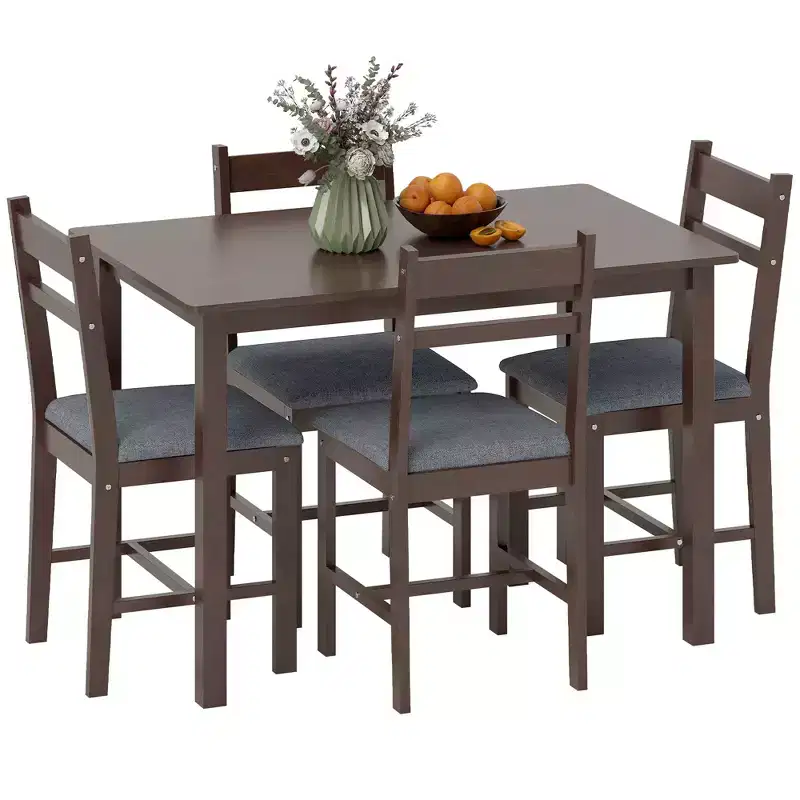 HOMCOM 5-Piece Solid Wood Dining Table Set for 4, Farmhouse Kitchen Table with Upholstered Chairs for Small Space, Dining Room