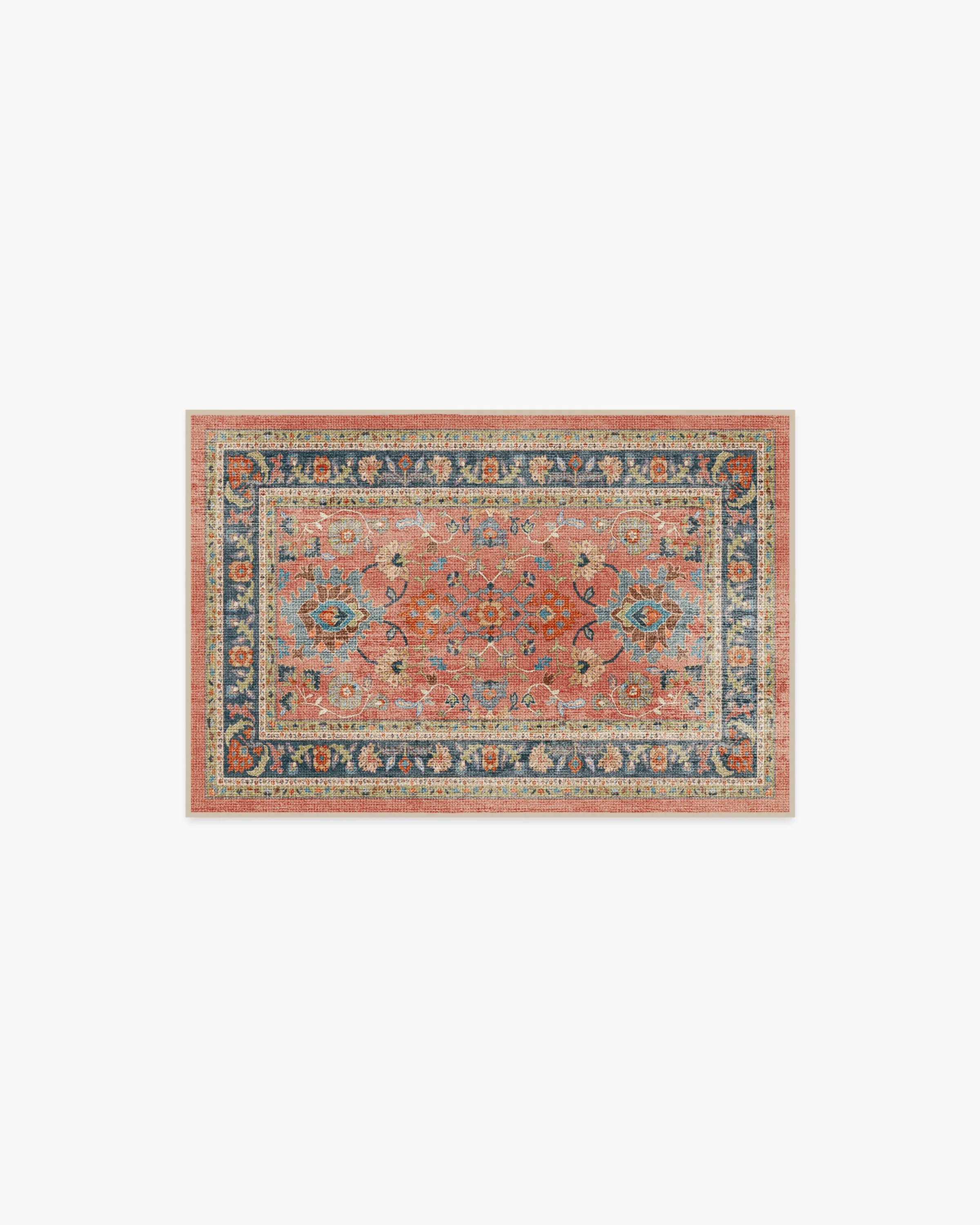 Coastal Persian Flatwoven Rug with Washable Coral Multicolor Floral Distressed Pattern for Living Room & Dining Room