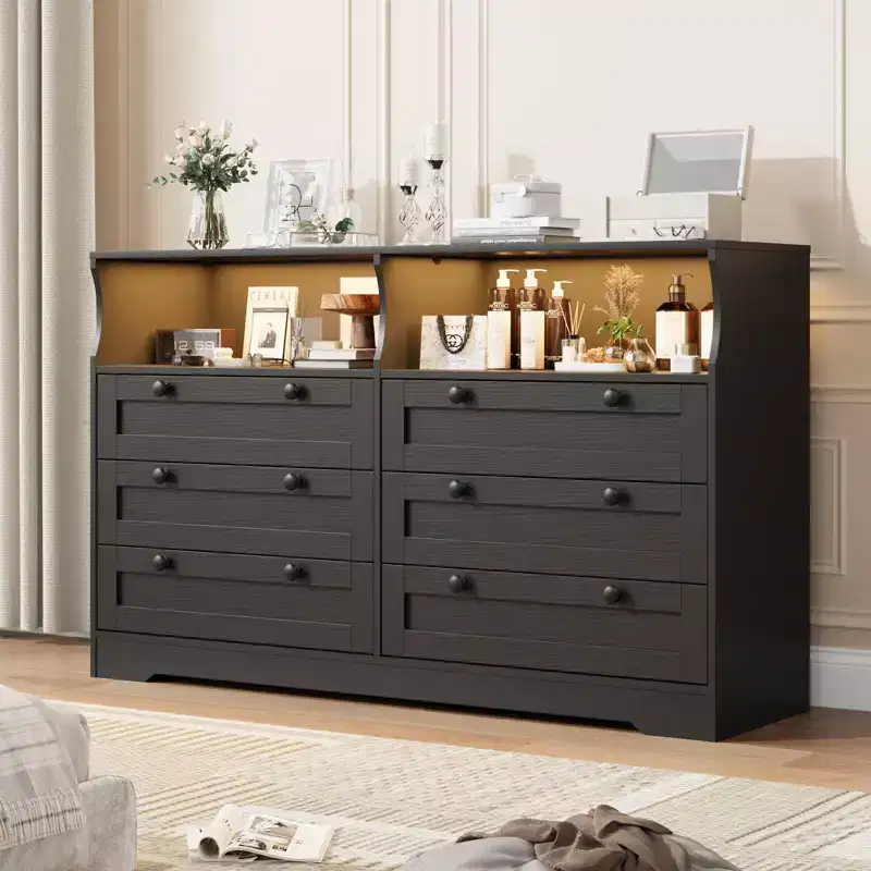 Wood Dresser, 55 Wide 6 Drawer Chest, Perfect for Organizing Bedroom, Living Room, Closet, and Hallway