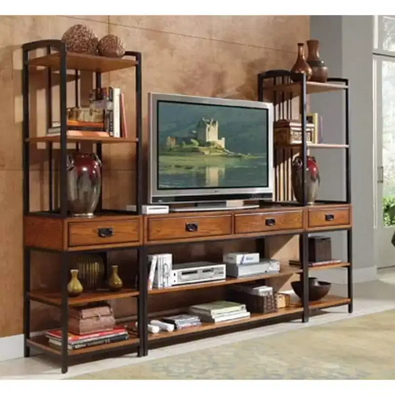 Modern Craftsman Entertainment Center Oak with Hutch and Bookshelves Fits 60