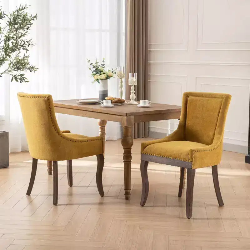 Okak Retro Dining Chairs Set of 2, Comfy Fabric Chairs with Thick Cushions, Kitchen Side Chairs with Solid Wood Legs Bronze Nail Head